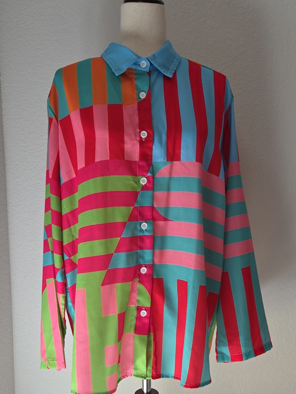 Women's Multicolor Bright Loud Striped Button-Up Shirt XL Long Sleeve Baggy